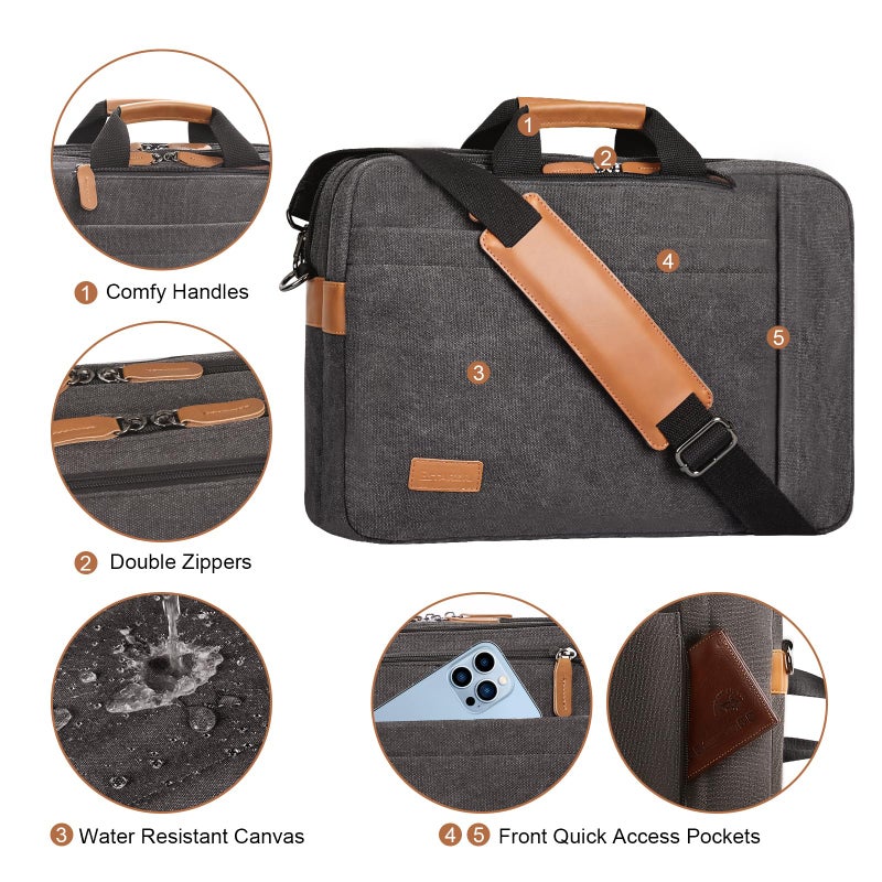 ESTARER Laptop Computer Bag for Men 3 In 1, 17-17.3 Inch Laptop Messenger Bag for Business/Work/Travel, Convertible Backpack Briefcase Water resistant Canvas Laptop Backpack (Grey) - Image 4